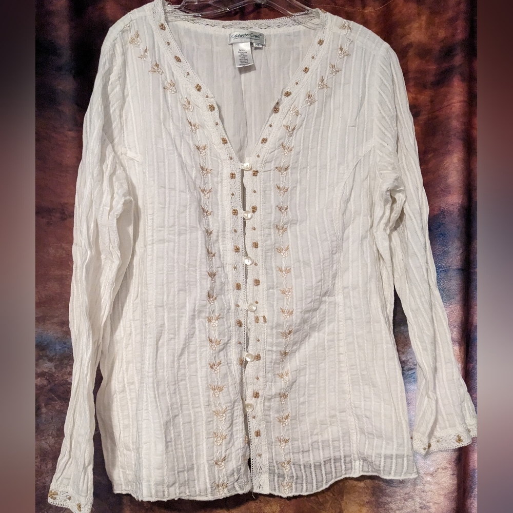 Coldwater Creek Women's White Embroidered  V-Neck Long Sleeve Top Tunic- PXL